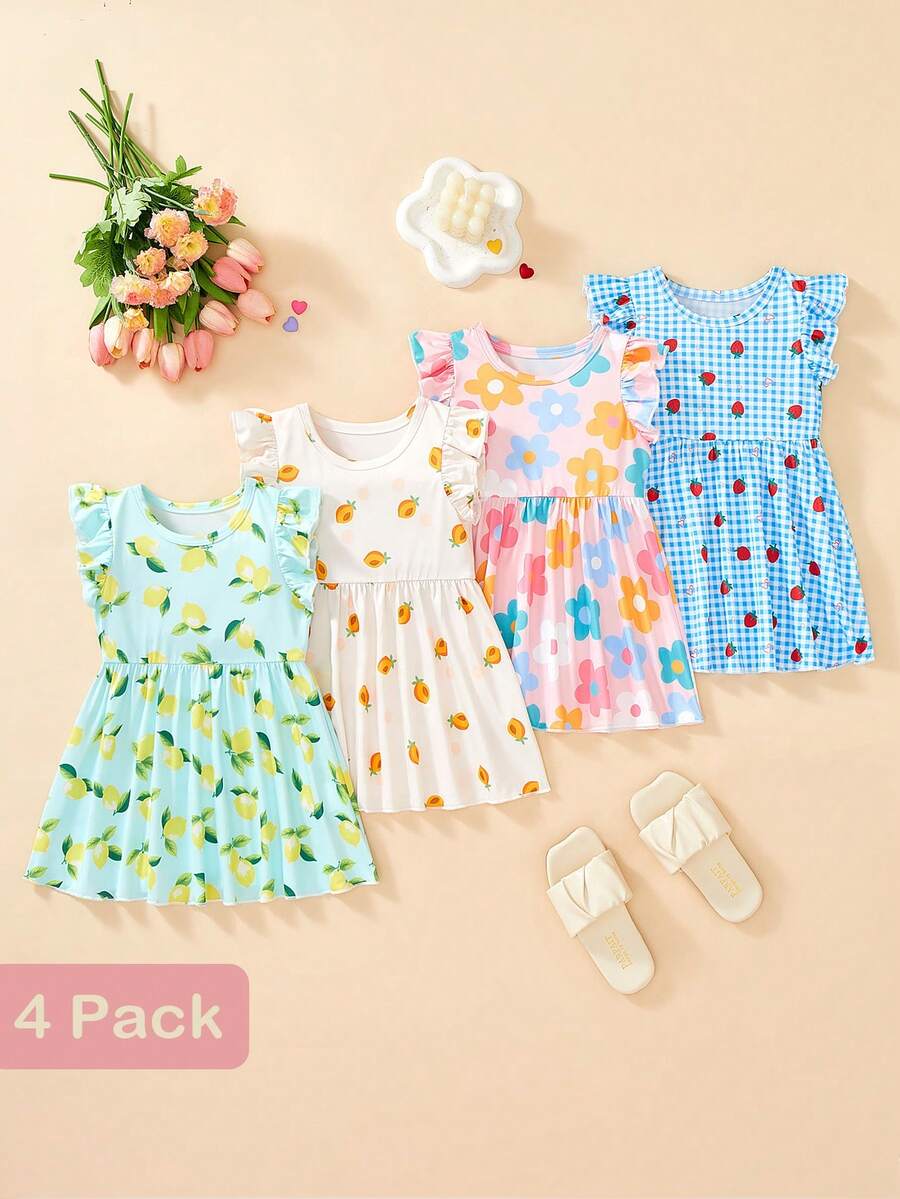 SHEIN 4件組女嬰可愛花卉印花短袖休閒洋裝,夏季款 - 彩色 - 查看 1