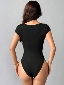 SHEIN MOOSTA 女士V领休闲简约连体衣，春夏款 - 黑色 - 查看 2