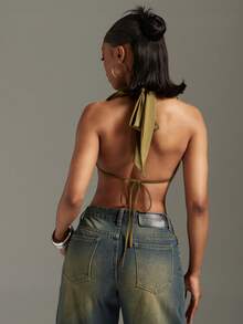 Denimoi Top halter con cuello de cowl y tachuelas, top sexy para salir de noche, ropa de club - Negro - Ver 5