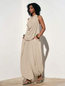 Zivah Áo hai dây màu trơn và quần ống loe xếp ly dành cho nữ - Trang phục thường ngày thoải mái. - Màu be - Xem 3