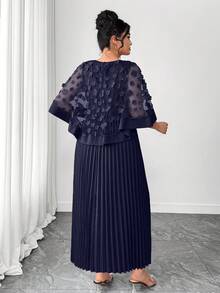 SHEIN PETITE CURVE Plus Size Women Floral Decor Patchwork Pleated Hem Dress - Navy Blue - View 2