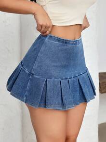 Flexra 女士松紧腰褶裥下摆休闲牛仔裙 - 藍色 - 查看 6