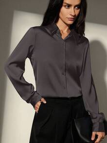Aveloria Modichic Solid Color Button Down Long Sleeve Shirt Holiday Party Clothes Button Up Shirt Women  - Black - View 5