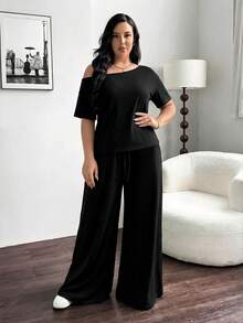 Shapeblank Plus Size Women Solid Color Asymmetric Neck Top And Wide Leg Pants Casual 2-Piece Set - Black - View 4
