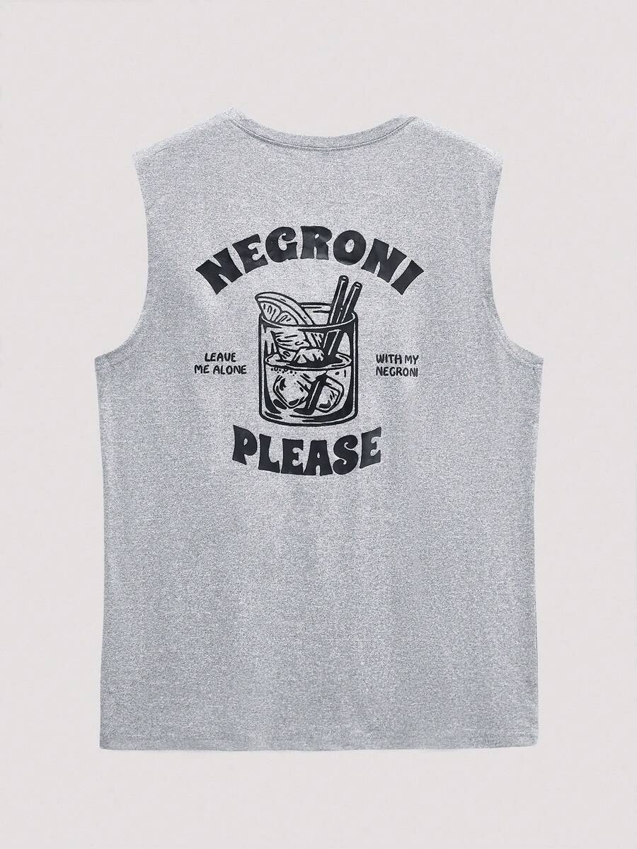 Open Phase Men's Summer Letter Print Round Neck Casual Loose Tank Top - Grey - View 1