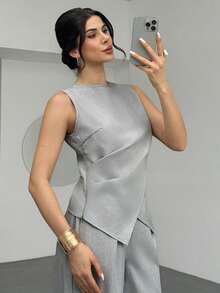 RiviMae 女士两件套：无袖上衣，正面交叉褶皱设计，后拉链，修身版型；直筒阔腿裤，松紧腰带，前褶，斜插口袋 - 灰色 - 查看 4