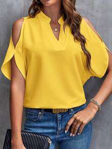Clasi Blusa de camisa blanca con hombros descubiertos y manga dividida - Amarillo - Ver 2