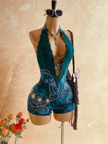 Soleia Women's Vacation Cashew Floral Print Contrast Lace Plunging Neck Romper - Dark Green - View 5