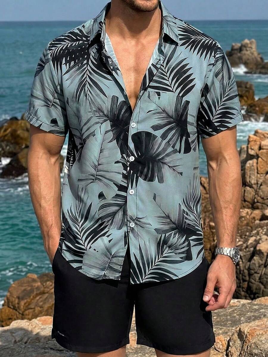 VIVINTIMO 男士度假休闲热带印花衬衫和短裤套装男士泳裤热带衬衫，夏威夷 - 彩色 - 查看 1