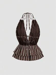 SHEIN Sweetro Canotta donna vintage ricamata color cachi, blusa aderente con vita svasata, maniche corte, adatta per primavera/estate - Caffè Marrone - Visualizzare 2