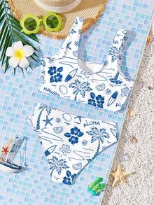 Conjunto de traje de baño de camiseta y bikini triangular minimalista casual para niñas preadolescentes, adecuado para el verano - Multicolor - Ver 2