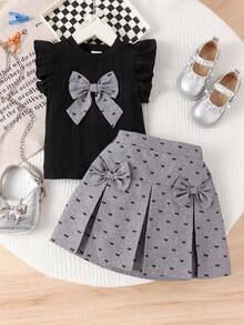 Elladie kids 2pcs/Set Toddler Girls' Black Jacquard Knit Round Neck Flare Sleeve T-Shirt With Gray Bow Decor And Gray Woven Elastic Waist Skirt, Suitable For Spring/Summer Daily, Outdoor, Travel, Party Dresses For Girls Kids Clothes Girl Girl Outfit Cute Girl Clothes Girl Clothes Girl Dress With Bow Cute Outfits For Girls 7 Years Old Girl Outfit Kids Clothes For Girl 7 Years Old Girl Outfit Dress Girls Skirts Girls Dresses Kids Dresses Casual Girl Bow Dress Squishy Summer Outfits - Black - View 4