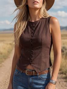 Wildy 波西米亚风休闲度假法式复古咖啡色棉质开衫，棕色棉质上衣，适合女性办公室穿着，西式服装，棕色上衣，商务休闲女式休闲上衣，法式吊带背心，西式 - 咖啡棕 - 查看 2
