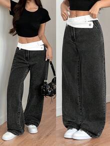 SHEIN Tall Women's Summer Casual High Waist Wide Leg Jeans Contrast White Fold Waist Washed Black Denim Loose Baggy Pants With Button Detail For Streetwear Outfits Women's Versatile For Summer Loose Straight Leg Jeans - Black - View 1
