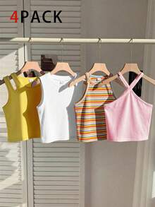 SHEIN 4pcs Young Girl Casual Versatile Daily Wear Tops - Multicolor - View 3
