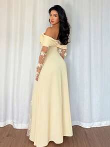 SHEIN Tall Women's Fashionable And Dignified Off-Shoulder Mesh Patchwork Long Sleeve Draped Dress, Suitable For Parties And Dates - Yellow - View 2