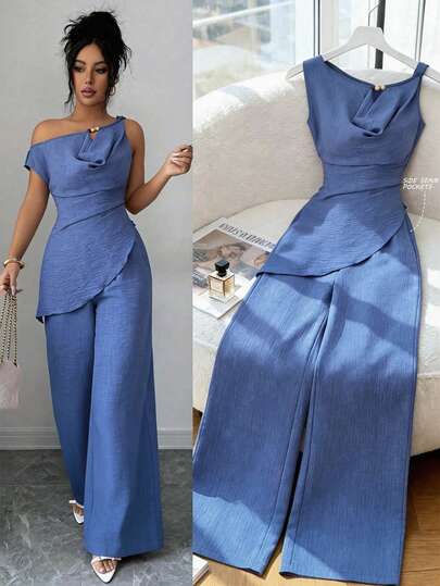 SHEIN Elenzya New Summer Draped Neck Faux Linen Bamboo Knot Denim Blue 2 Pieces Set, Suitable For Travel And Photography, Elegant Deep Sea Blue Asymmetric Shoulder Top + High Waist Casual Pants