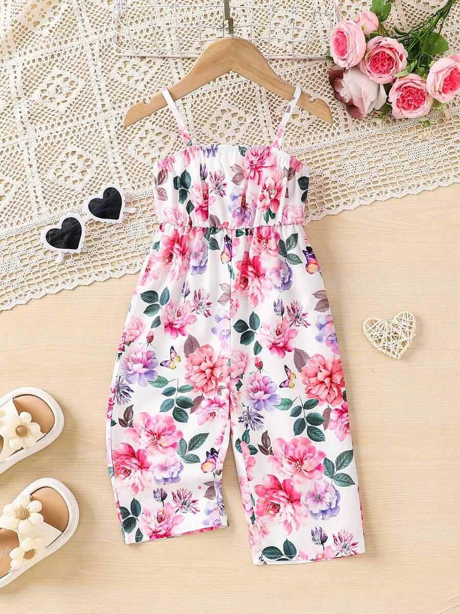SHEIN 女婴休闲碎花连体衣，适合夏季穿着 - 黑色 - 查看 1