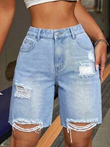 Teen Girl Y2K Fashionable Light Washed High Waist Ripped Baggy Raw Hem Denim Long Shorts,2000S Vintage Bermuda Jeans Shorts,For Sport Outdoor,Suitable For Spring And Summer Boho,Season Vintage//Beach/Sea/Elegant Graduation,Casual's Jumpsuit,Summer Holiday,Spring,Beach,Vacation,Valentine's Day,Summer Holiday,Beach Vacation Holiday - Light Wash - View 4