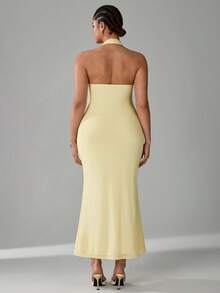 SHEIN Tall CURVE Plus Size Elegant Sexy Solid Color Backless Halter Fishtail Dress - Yellow - View 2