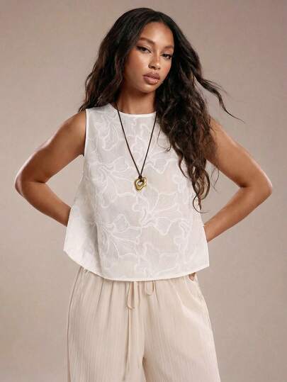 SHEIN Forever 21 White Embroidery Women's Jacquard Crew Neck Sleeveless Loose Casual Top Summer Spring Outfits For Women Festival Beach Outfits Casual Vacation Outfits Holidays, Casual , Beach For Women, Elegant , Beach , Spring Breaks ,  Spring/Summer Vacation  Elegant , Suitable For Commuting, Everyday Casual, And Fashionable Business Wear/Fall Clothes For Women / Back To School / Teacher Outfits For Women/Going Out/Striped Shirt/Casual Commuter, Vacation Shirt Women S Summer Outfits Womens Tops For Summer