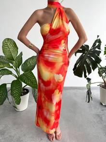 SHEIN Raffinéa Women's Vacation Beach Tie-Dye Floral Print Backless Dress - Hot Pink - View 4