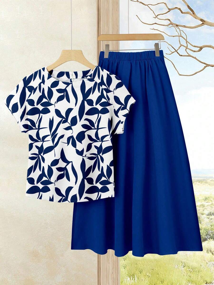 Rusticease 两件套女士休闲树叶图案印花短袖衬衫上衣搭配同色系纯蓝色长裙，夏季度假套装 - 彩色 - 查看 1