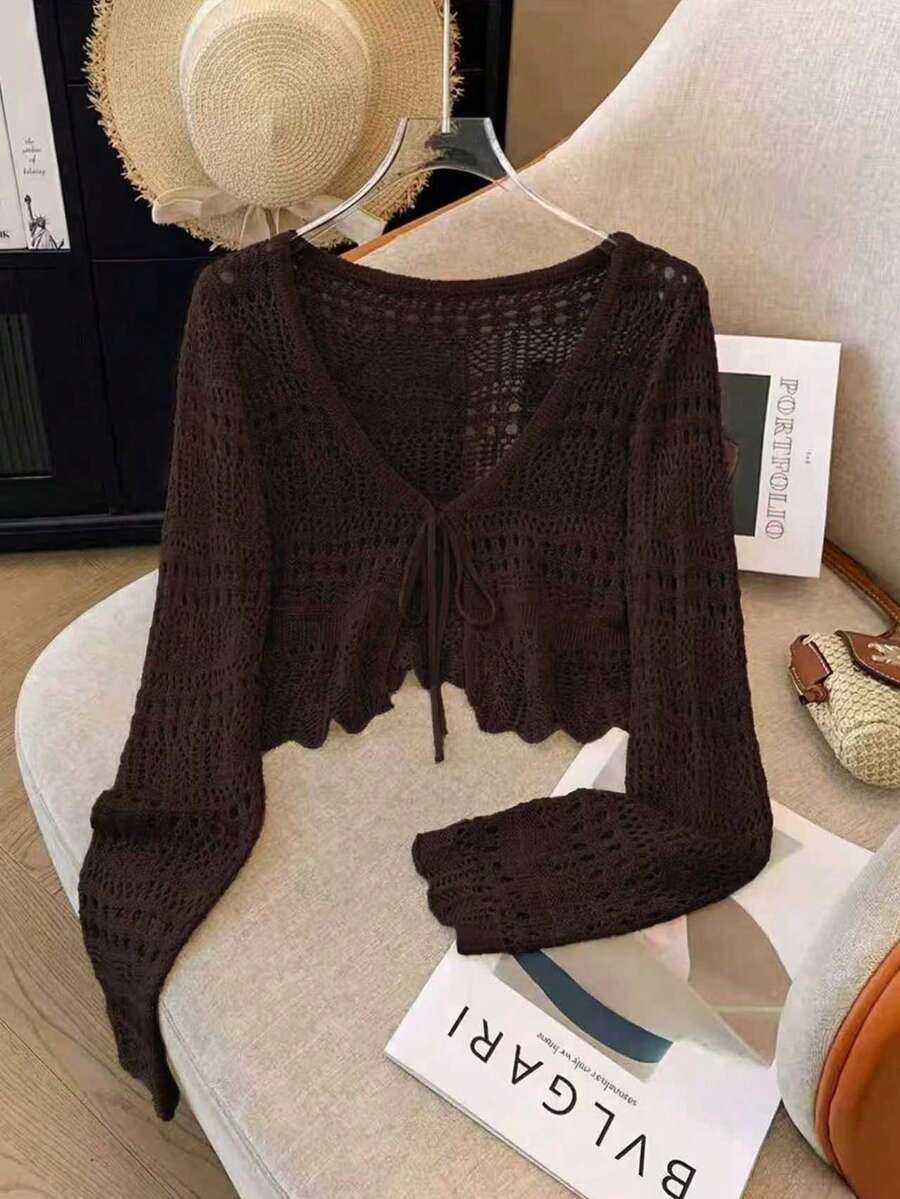 Franclia New Solid Color Hollow Crochet Lace Lightweight Cardigan, Versatile Outerwear For Women - Coffee Brown - View 1
