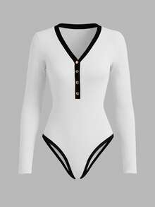 INAWLY Women's Contrast Color Trim Long Sleeve Bodysuit - White - View 3
