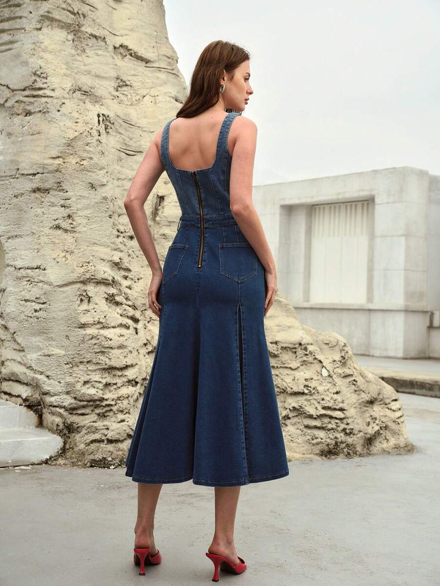 MOTF PREMIUM 牛仔布翻边细节开衩大腿美人鱼裙摆连衣裙 - 藍色 - 查看 2