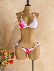 Soleia Bộ bikini gợi cảm mùa hè dành cho nữ, họa tiết hoa, kiểu buộc dây cổ, kèm áo khoác ngoài. - Nhiều màu - Xem 6