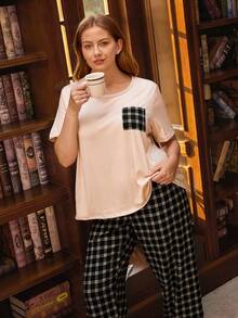 Doze Lane Plus Size Women Plaid Casual Round Neck Short Sleeve Pajama Set Women's Lounge Wear Sets Homewear Women - Apricot - View 6