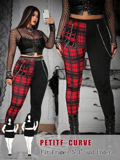 SHEIN PETITE CURVE 加大码朋克格子拼接金属孔眼松紧腰打底裤，适合春夏穿着，娇小款