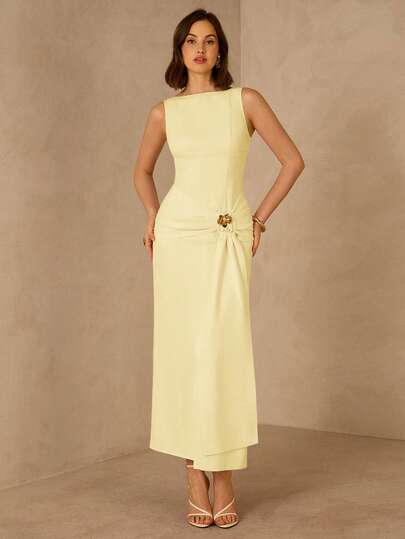 Enchnt French Luxury Pleated Dress, Elegant Fitted Slim Formal Dress For Women