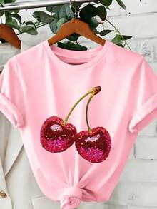 DrmWander Women's T-Shirt, Casual Street Style Graphic Short Sleeve T-Shirt, Cute Summer Top - Pink - View 3