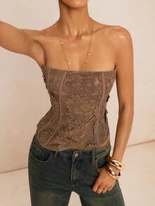 Lumalex 女士优雅纯色蕾丝吊带背心，夏季 - 灰色 - 查看 10