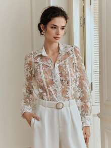 Anewsta 法式花卉薄纱花瓣袖珍珠装饰领女式衬衫 - 粉色 - 查看 6