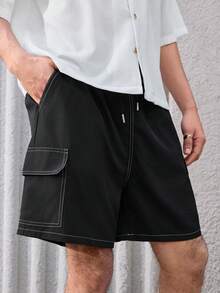 Open Phase 男士夏季抽绳腰带翻盖口袋工装短裤，黑色 - 黑色 - 查看 3