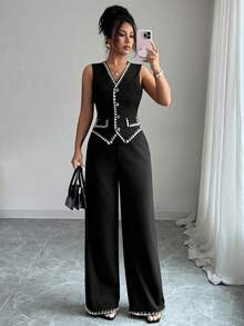 Elenzga Women's Black And White Summer Elegant Office Suit Two Pieces,Vintage V-Neck Exquisite Button Sleeveless Pocket Flap Contrast Color Trim Knit Vest - Multicolor - View 5