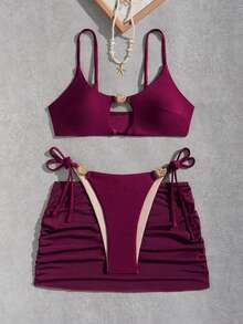 Bonvoyette 3 pièces Ensemble de bikini sexy violet rouge pour femmes, avec découpes, décoration de coquillage doré, bretelles ajustables, liens sur les côtés, froncé, mini-jupe en maille, convient pour la natation, les vacances, la plage, les fêtes de piscine - Fushia - Voir 6