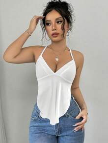 SHEIN PETITE 性感纯色露背吊带上衣，夏季 - 白色 - 查看 3