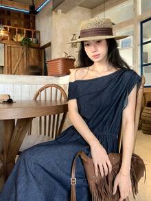 FRIFUL Women's Vacation Asymmetrical Shoulder Ruched Denim Dress - Blue - View 8