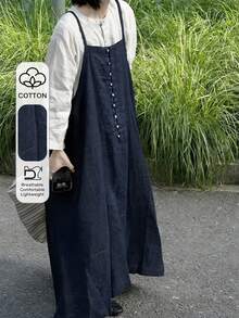 FRIFUL Women's Solid Color Button Decor Casual Denim Cami Dress - Dark Wash - View 1