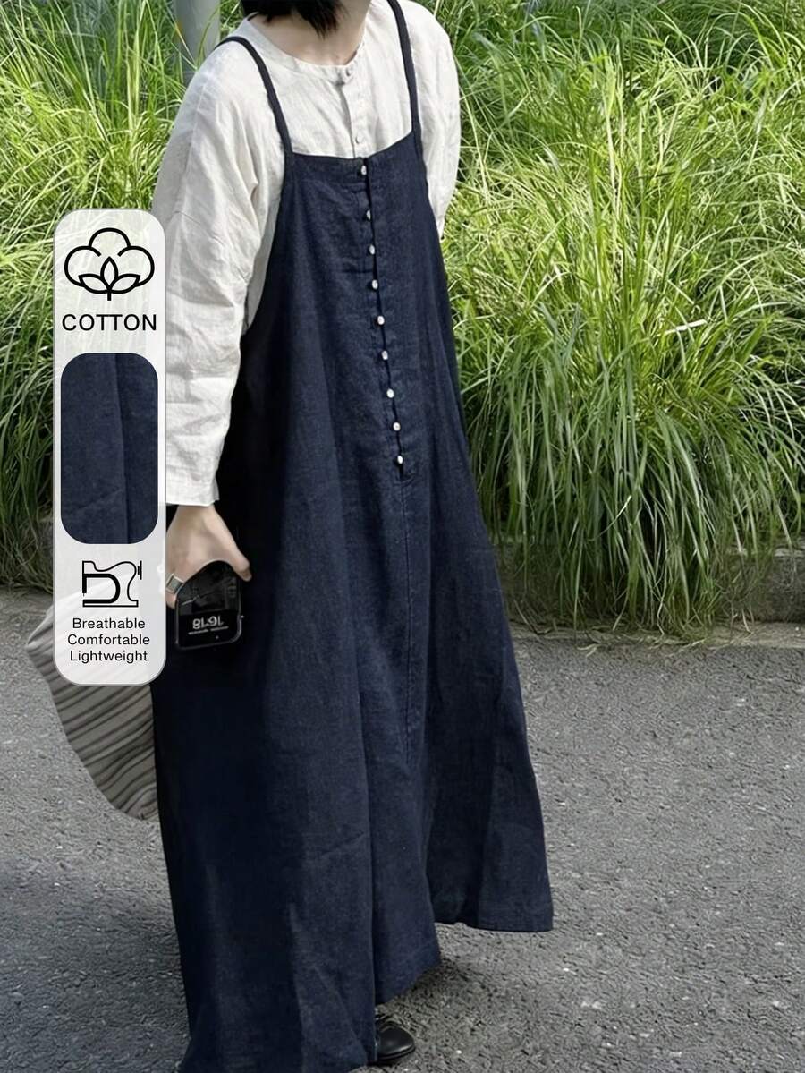 FRIFUL Women's Solid Color Button Decor Casual Denim Cami Dress - Dark Wash - View 1