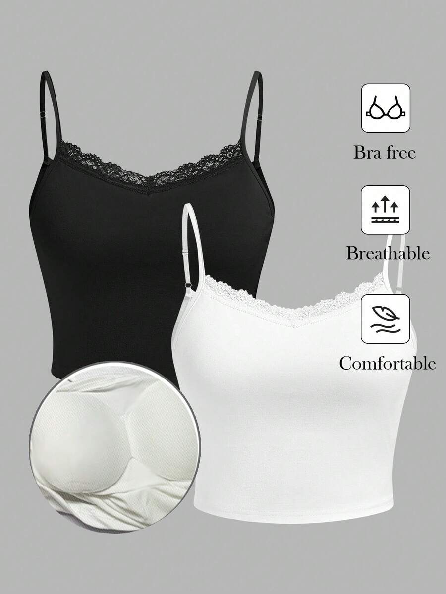 SHEIN Essnce Bộ 2 món gợi cảm dành cho nữ cỡ lớn, áo lót ren có đệm, áo hai dây màu đen trắng, phong cách lễ hội âm nhạc, Y2K. - Đen và trắng - Xem 1