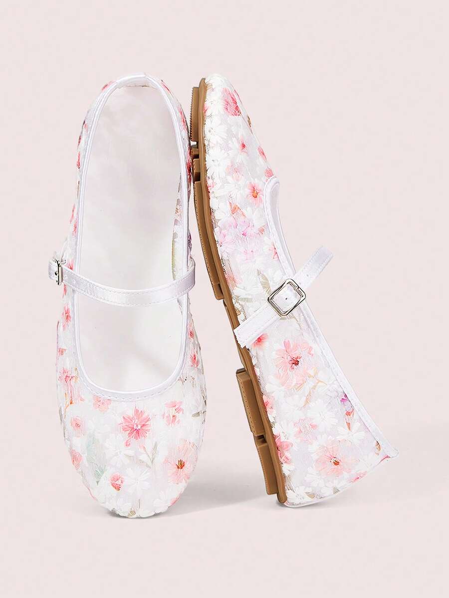 CUCCOO DOLLMOD Giày nữ thời trang mũi tròn, thêu hoa đỏ trắng, kiểu Mary Jane, quai cài, dễ thương và ngọt ngào. - Màu Hồng Tươi - Xem 1