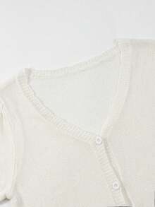 Franclia Casual White Short Length V-Neck Cardigan With Puff Sleeves Rib-Knit Semi-Sheer Design Cropped Cardigan Short Sleeve - White - View 8