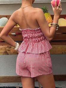 Sunnyshic 红色格子棉质抹胸上衣，系带腰身，荷叶边装饰，开襟设计，搭配低腰短裤，女士春夏度假海滩优雅可爱浪漫简约百搭套装 - 紅色 - 查看 2