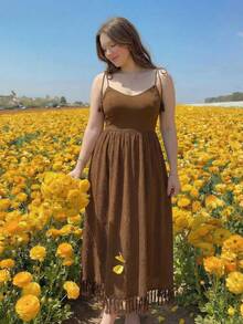 SHEIN MOD 大码棕色复古流苏吊带连衣裙，复古浪漫伞裙，春夏波西米亚风 - 棕色 - 查看 6