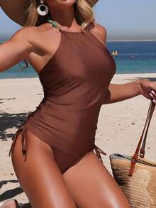 Aveloria Modichic 纯棕色串珠露背两件式泳衣套装，侧边褶皱抽绳设计 - 鏽棕色 - 查看 3